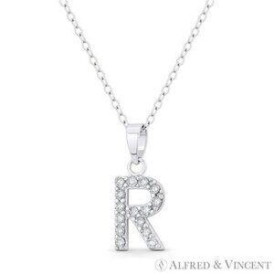 Initial "R" CZ Crystal Pendant w/ Cable Chain Necklace in .925 Sterling Silver